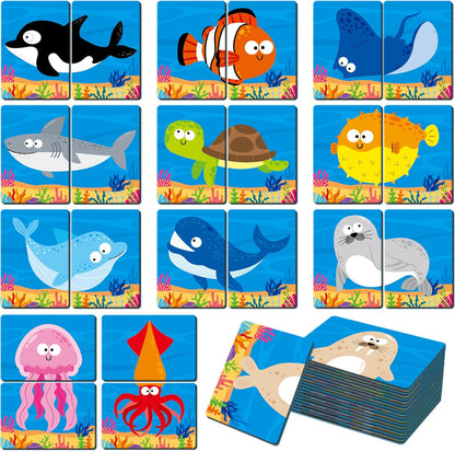 SpriteGru Jungle Animal Memory Game, 28 Chunky Cards Wild Animal Head Tail Matching Game 1-5 Players Memory Matching Game for Age