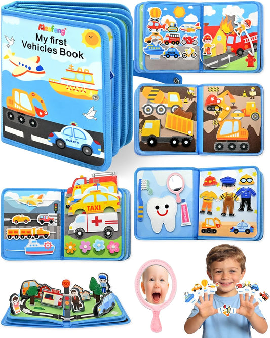 Meafeng Vehicles Educational Book for Toddlers 1–3, Montessori Quiet Activity & Learning Book with Cars, Trucks & Firefighters, Educational Toy for Early Learning, Travel Toy for Car & Airplane Trips
