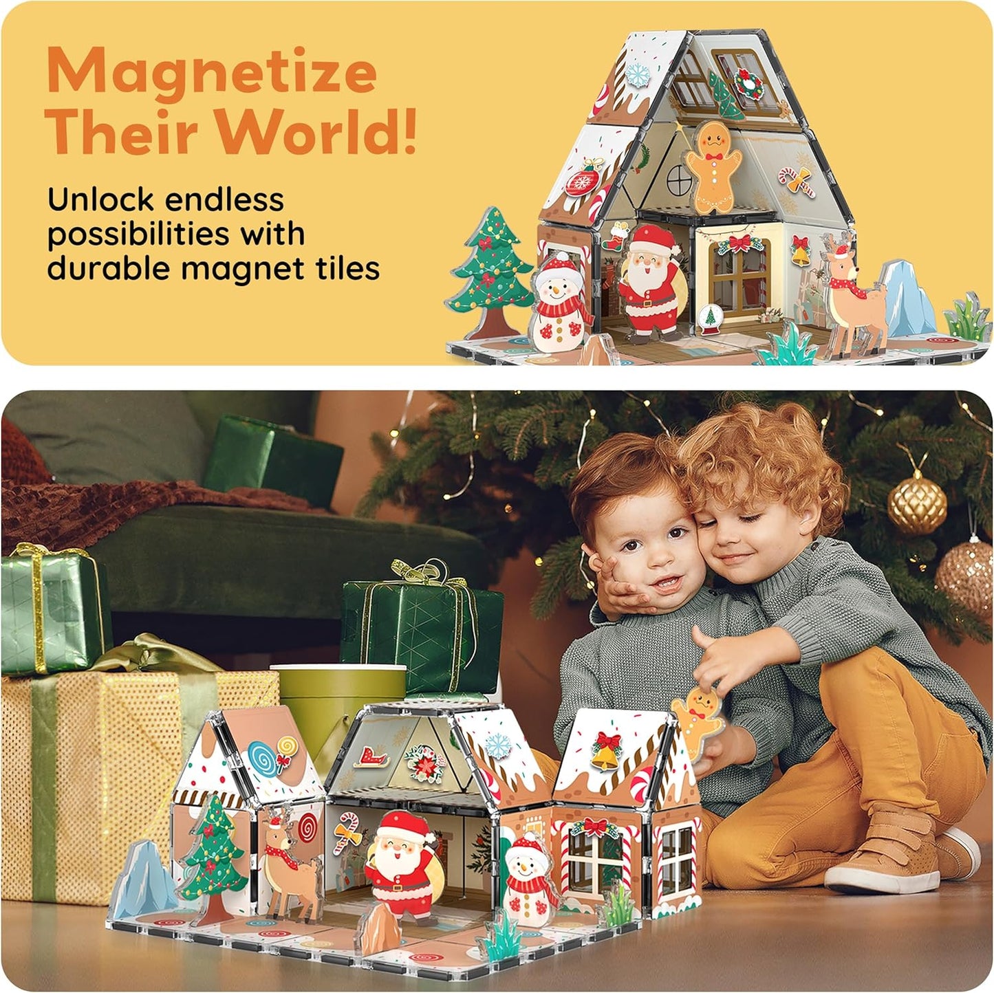 PicassoTiles Magnetic Tile Christmas Holidays Cottage Building Set with Santa Elves Nutcracker 6 Character Figures STEM Educational Construction Toy Winter Magnet Block Gift for Kids Age 3 Plus PTQ08