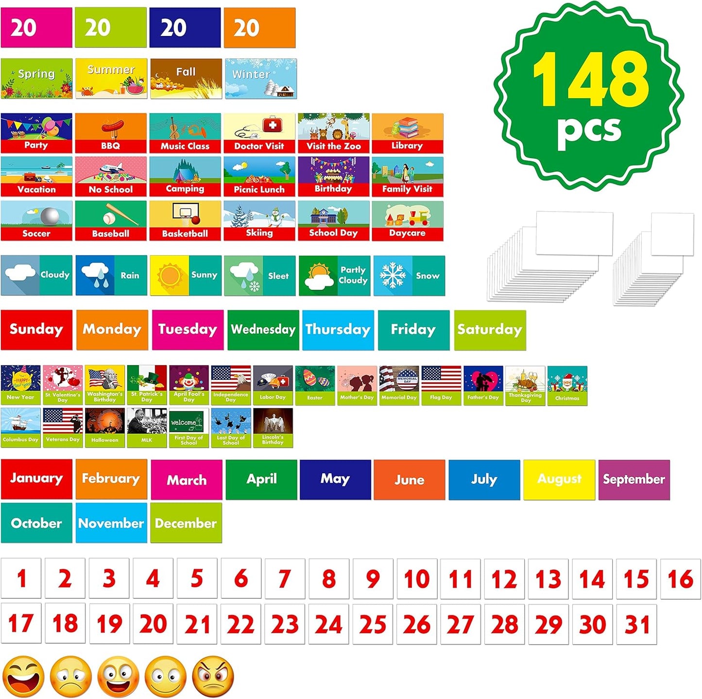 SpriteGru Calendar and Weather Pocket Chart with 148 Cards,(108 Illustrated Activity Cards, 40 Dry Erasable Flash Cards and 3 Hooks 28"x35.5"),Alphabets, Blue