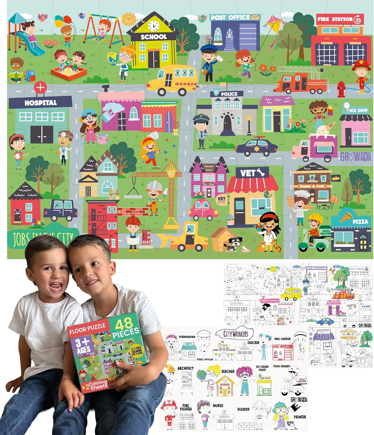 Floor Puzzles for Kids Ages 3-5 4-6 Educational 48 Piece Farm Animals with 2 Giant Coloring Posters Preschool Learning Toy Tractors Tools Barnyard Animals Screen Free Family Playtime