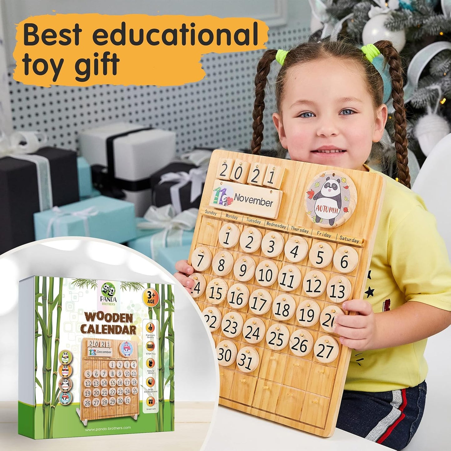 Panda Brothers Set of 2 Toys: Wooden Geoboard & Wooden Calendar. Montessori Toys for Kids, Wooden Toys, Sensory Toys for 3 4 5 Year Old, Busy Board, Preschool Classroom STEM Toys