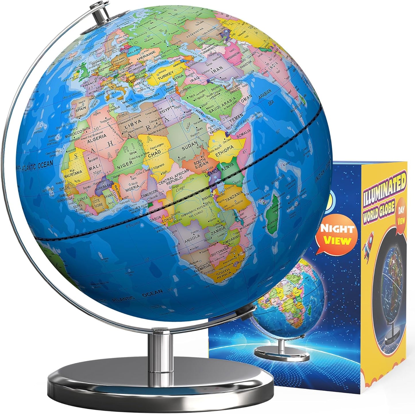 Waldauge Illuminated World Globe with Stand, 9" Earth Globes with Stable Heavy Metal Base for Kids Classroom Learning, LED Constellation Globe Night Light with HD Printed Map