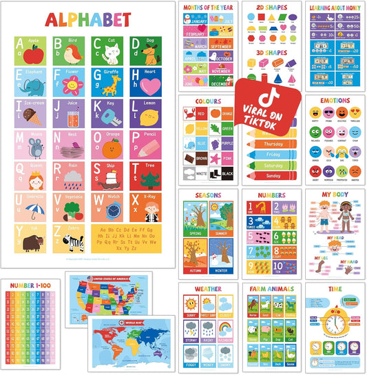 16 Laminated Educational Posters for Toddlers & Kids - Homeschool Supplies & Kindergarten Classrooms - Includes Alphabet ABC, Numbers 1-100, Shapes, Colors, World & USA Map (17x11", Ships Flat)