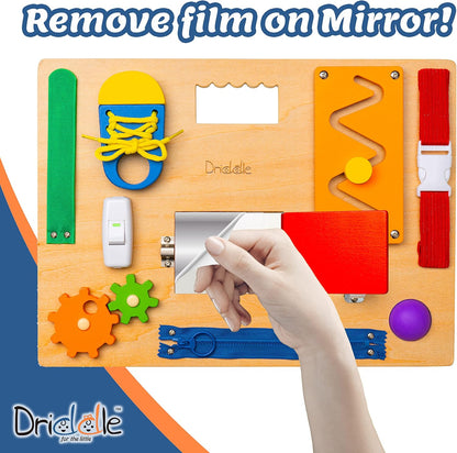Driddle Busy Board - Wooden Montessori Activity Board for Toddlers & Kids - 12 Educational Sensory Toys to Learn Basic Life Skills & Develop Fine Motor Skills + Baby Mirror