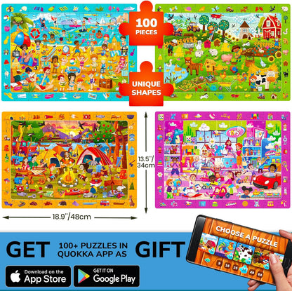 QUOKKA 100 Piece Puzzles for Kids Ages 4-6 - 4 Jigsaw Puzzles for Kids Ages 6-8 - Search and Find Game with Animals, Dinosaurs for Childrens 5-8 - Learning Educational Toys for Boys and Girls 8-11