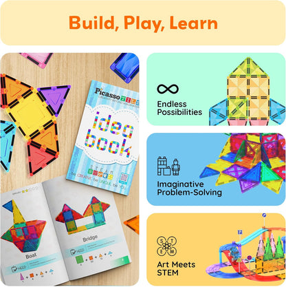 PicassoTiles Magnetic Tile Building Idea Book 230 Pages Illustrated Design Guide with 300 Creative Builds for Kids STEM Learning Creativity and Brain Development Educational Toy Ages 3 Plus PTIDEABOOK
