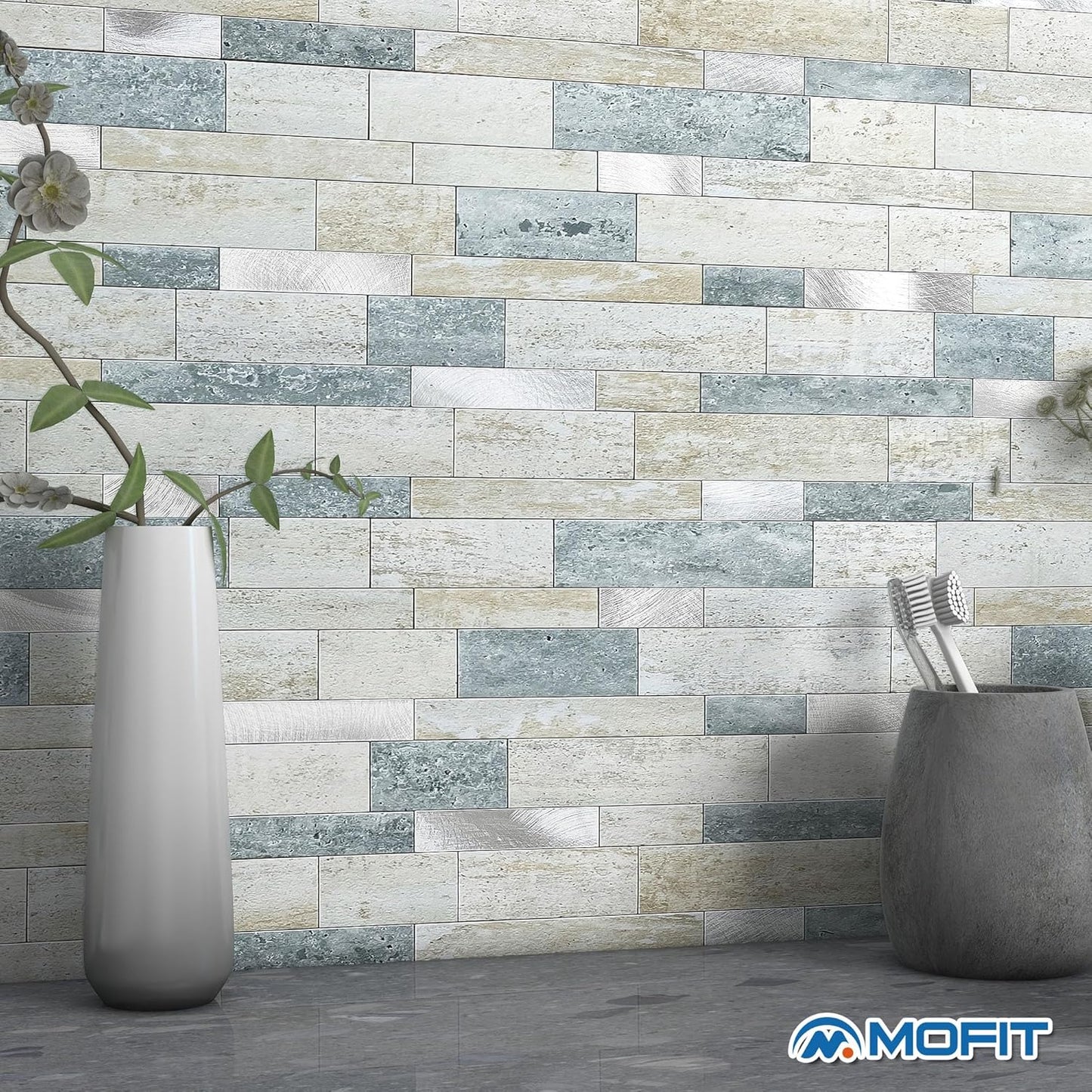 MOFIT Backsplash Tile for Kitchen Peel and Stick Stone Matte Finish,Bathroom Tiles Stickers 3D Wall Panel Linear Mosaic Marble Backsplash Waterproof(5sheets,Blue Green Gray)