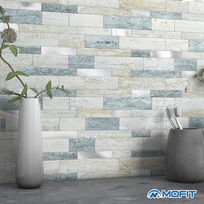 MOFIT Backsplash Tile for Kitchen Peel and Stick Stone Matte Finish,Bathroom Tiles Stickers 3D Wall Panel Linear Mosaic Marble Backsplash Waterproof(5sheets,Blue Green Gray)