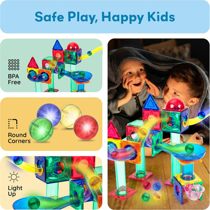 PicassoTiles 70pc Marble Run Magnetic Tiles STEM Set for Kids Ages 3 and Older Magnet Tile Marbles Maze Building Blocks Brain Development Toy Preschool Educational Learning Construction Playset PTG70