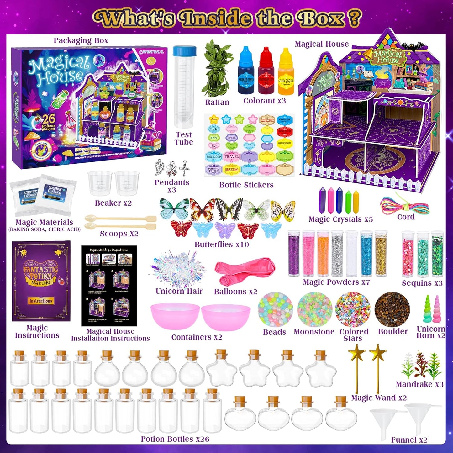 CARTELL Fairy Magic Potions Kit for Kids, Upgraded 26 DIY Mixed Magic Wizard Potion Bottles, Mystery Potions Craft Kit, Christmas Decorations Birthday Gifts for Age 6 7 8 9 10+ Year Old Girls Boys