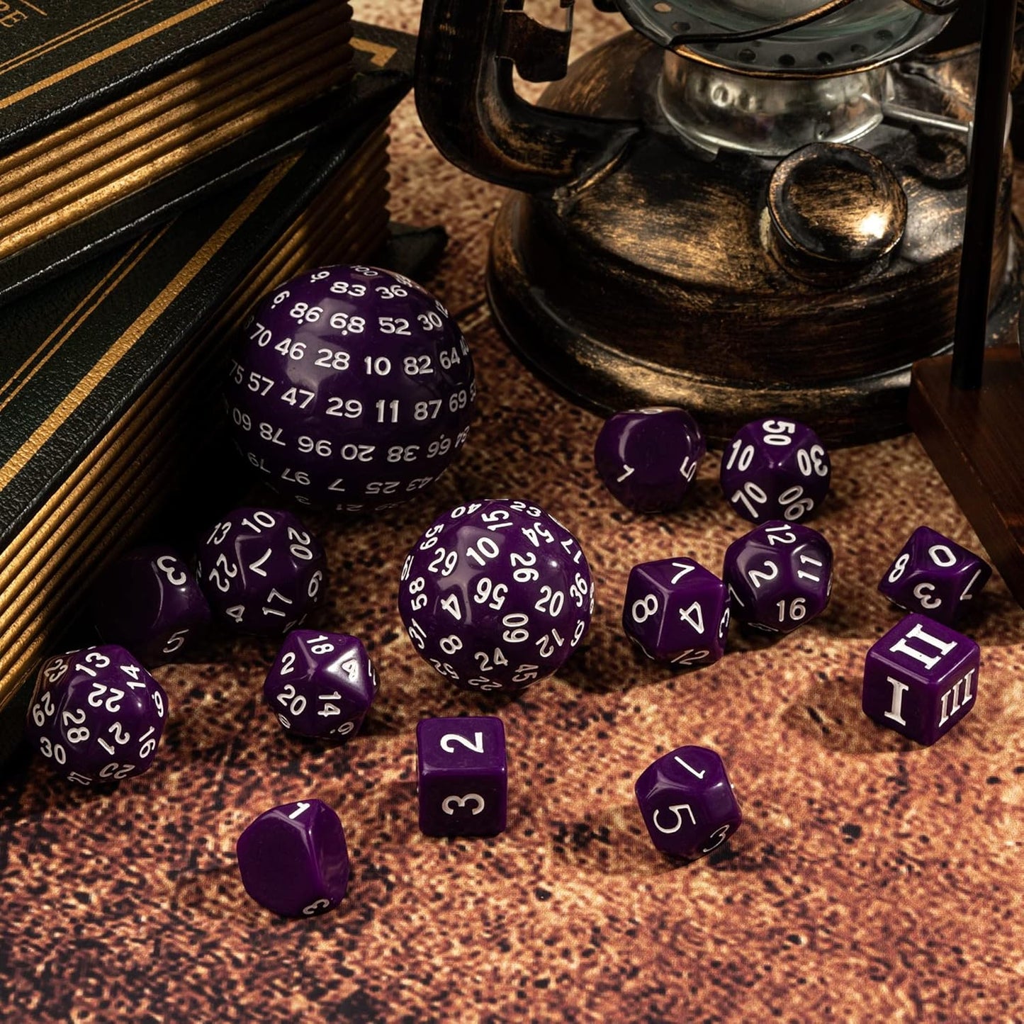15 Pieces Complete Polyhedral DND Dice Set D3-D100 Spherical D&D Dice Set with Dragon Eye Dice Bag, D100 Dice for RPG Table Games(Black w/Purple Numbers)