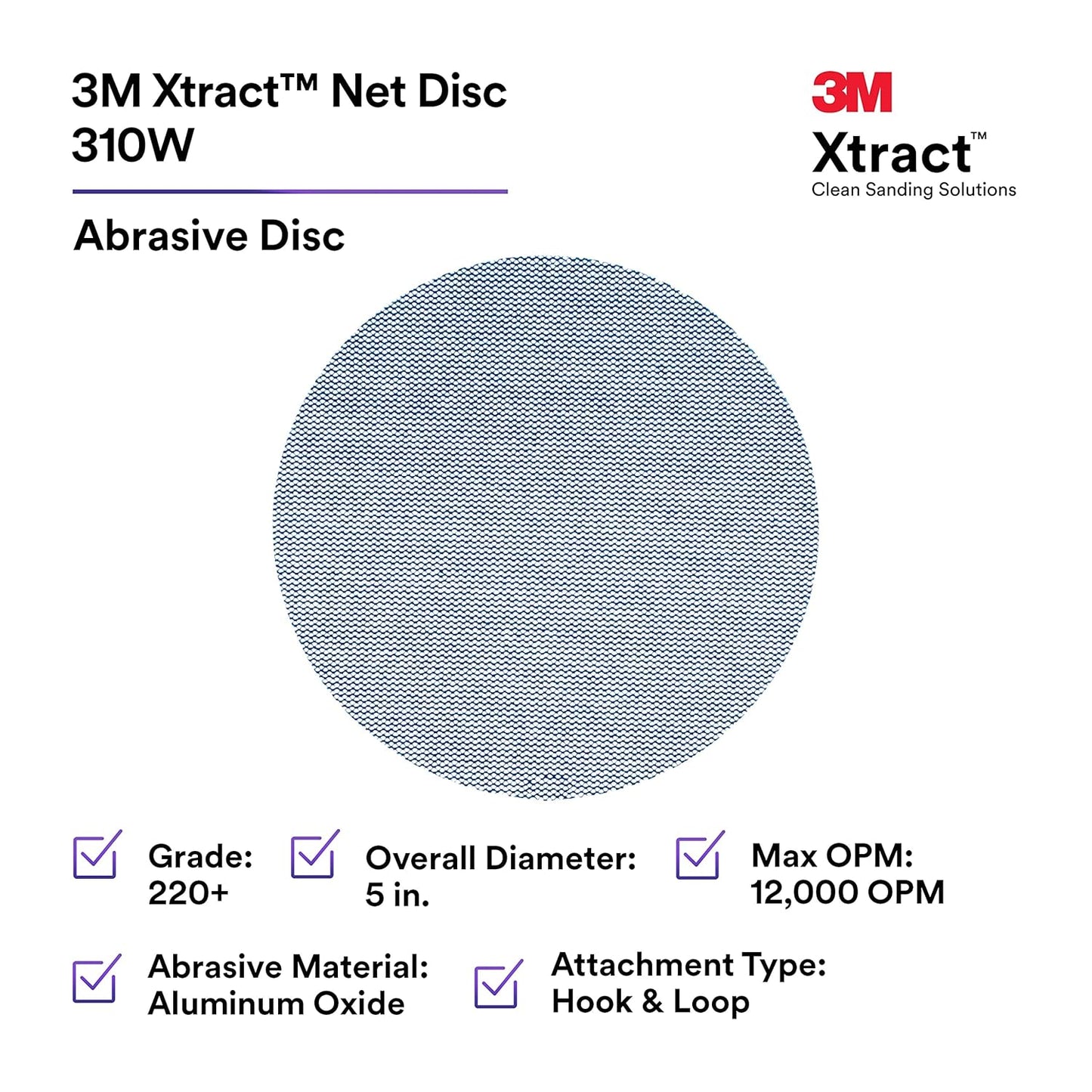 3M Xtract Net Disc 310W, 320+, 8 in, Die 800L, Pack of 50 Hook and Loop Sanding Discs, Virtually Dust-Free, Value Option for Metal, Wood, Composites, Stock Removal, and Fine Finishing