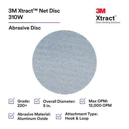 3M Xtract Net Disc 310W, 320+, 8 in, Die 800L, Pack of 50 Hook and Loop Sanding Discs, Virtually Dust-Free, Value Option for Metal, Wood, Composites, Stock Removal, and Fine Finishing