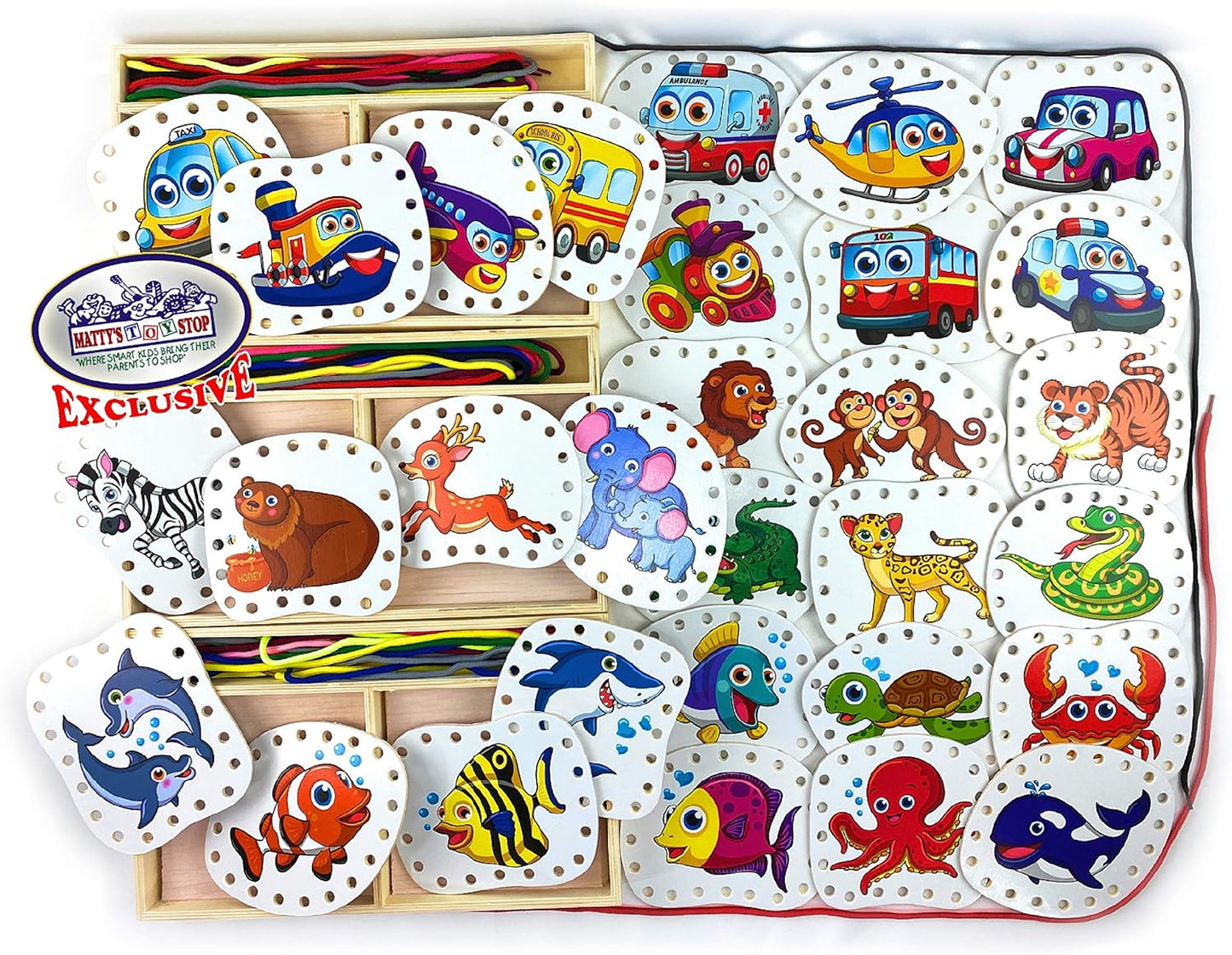 Matty's Toy Stop Deluxe Lacing Shapes (10 Count) Vehicles, Fish & Jungle Animals Educational Gift Set Bundle - 3 Pack (30 Shapes Total)