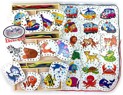 Matty's Toy Stop Deluxe Lacing Shapes (10 Count) Vehicles, Fish & Jungle Animals Educational Gift Set Bundle - 3 Pack (30 Shapes Total)