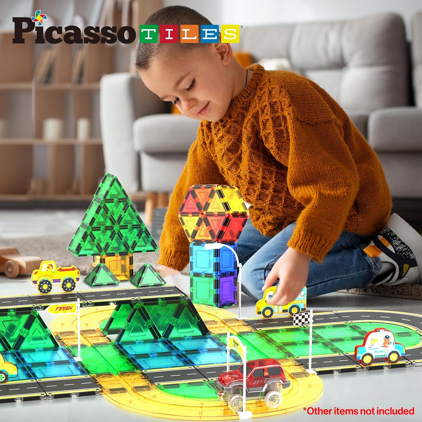 PicassoTiles Magnetic Tiles Race Track Car Thrilling Toy Playset Includes 2 Racing Trucks STEM Educational Magnet Tile Building Block Construction Set for Toddlers Boys Girls Ages 3 and Older PTR30