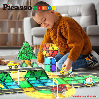 PicassoTiles Magnetic Tiles Race Track Car Thrilling Toy Playset Includes 2 Racing Trucks STEM Educational Magnet Tile Building Block Construction Set for Toddlers Boys Girls Ages 3 and Older PTR30