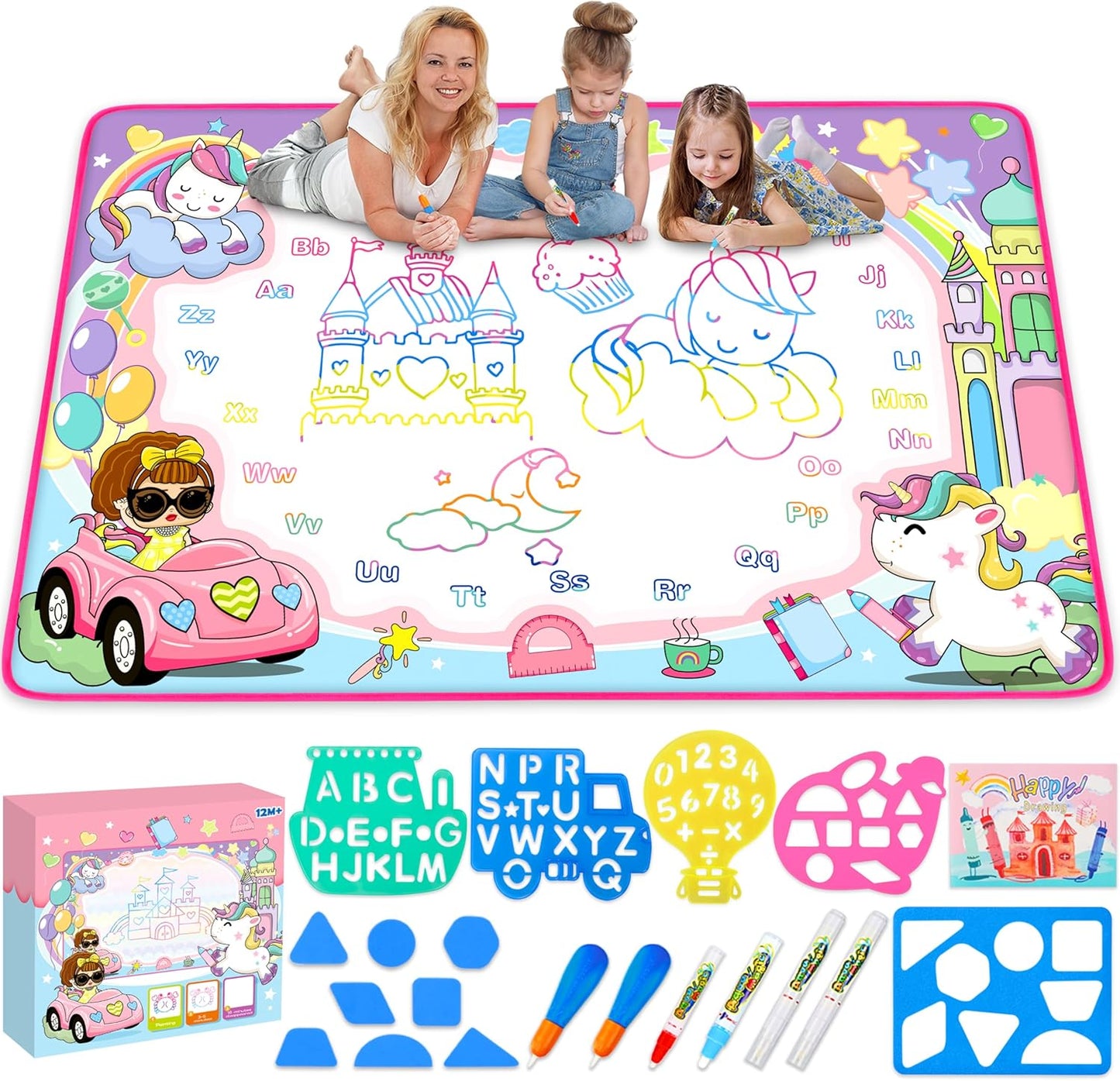 Water Doodle Mat - Kids Painting Writing Doodle Toy Board - Color Doodle Drawing Mat Bring Magic Pens Educational Toys for Age 3 4 5 6 7 8 9 10 11 12 Year Old Girls Boys Age Toddler Gift (Pink)