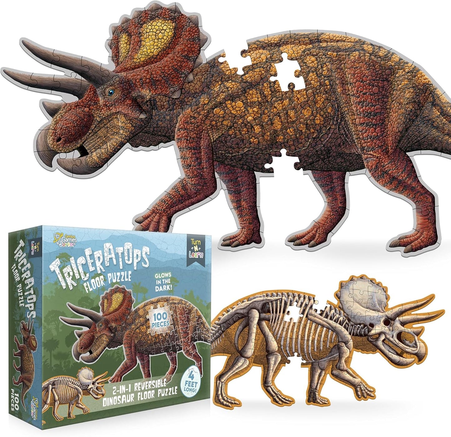 Tyrannosaurus Rex Dinosaur Jigsaw Puzzle | 100-Piece Double Sided Floor Puzzle with Glow-in-The-Dark Skeleton On Other Side | 4 FT Scientifically Accurate Dino Illustration | Educational Toy for Kids
