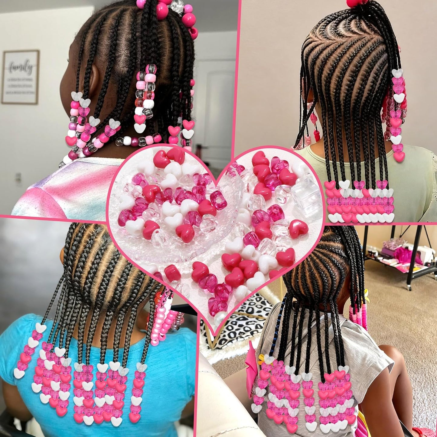88PCS Pink White Hair Beads for Braids Lovely Heart Shape Loc Dreadlock Valentine's Day Bead Accessories Cute Acrylic Small Pony Beads for Kids Girls