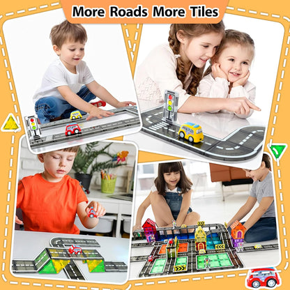 Drofex 42pcs Magnetic Tiles Road, Magnetic Building Blocks City Construction Toys for 3+Year Old Boys Girls, Kids Montessori Toys for Toddler, STEM Learning Gifts