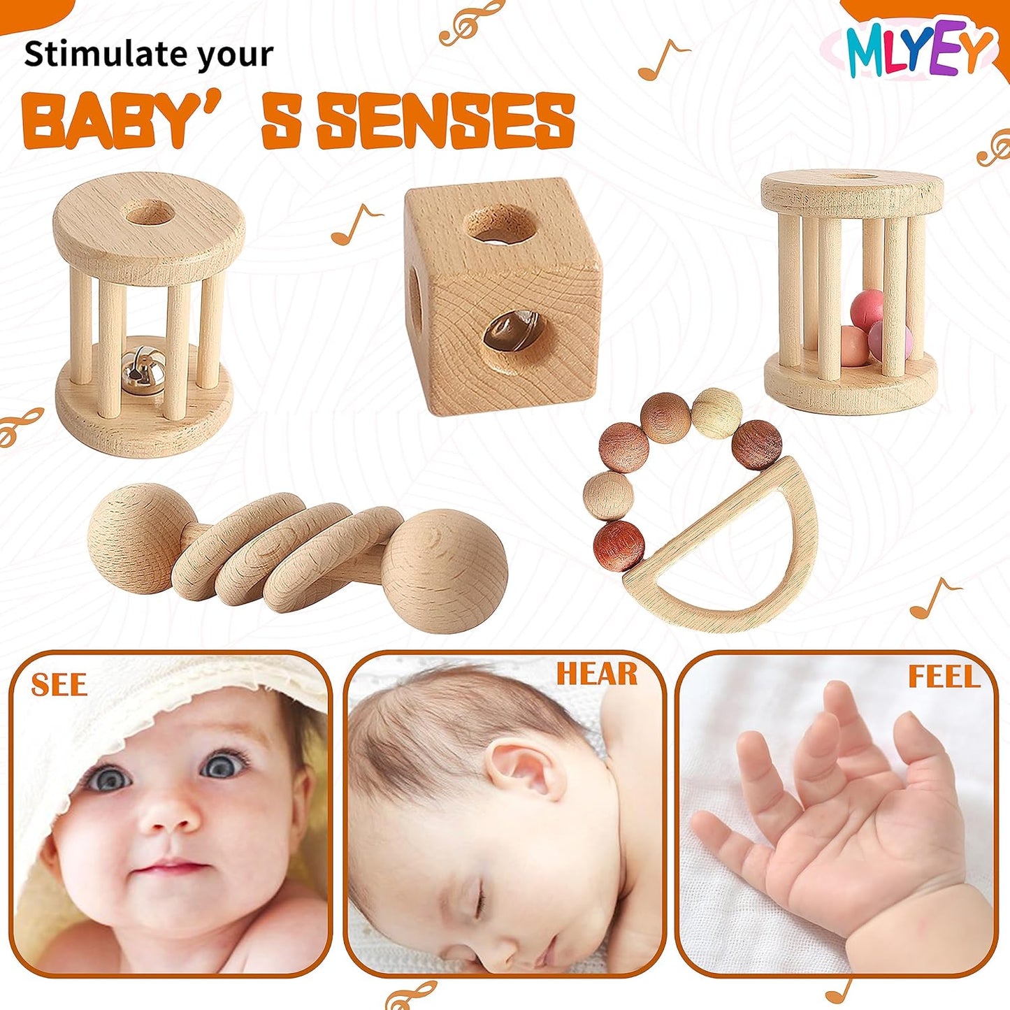 Wooden Rattles for Baby, 7PCS Wooden Montessori Toys for 7-24 Months Baby Boy Girl, Natural Beech Wood Grasping Toy, Gift for Babies