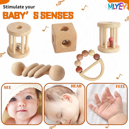 Wooden Rattles for Baby, 7PCS Wooden Montessori Toys for 7-24 Months Baby Boy Girl, Natural Beech Wood Grasping Toy, Gift for Babies