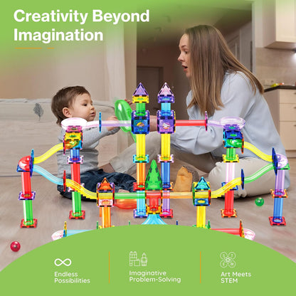 PicassoTiles 108pc Magnetic Marble Run Set with Building Tiles Race Track Car Slides Set STEM Learning Toy 3-in-1 Preschool Construction Kit for Indoor Activity and Development for Kids age 3+ PTG108