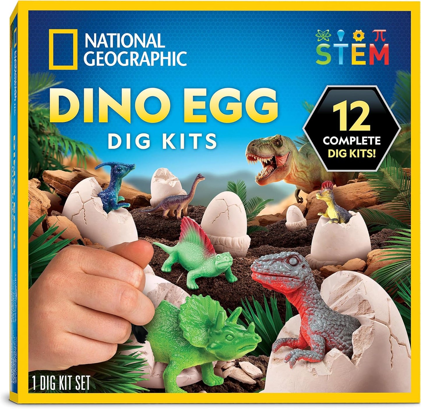 National Geographic Dinosaur Dig Kit - 12 Dino Shaped Dig Bricks with Dinosaur Figures Inside & Excavation Tool Sets, Egg Hunt or Dig Party Activity, Great STEM Toy for Boys & Girls