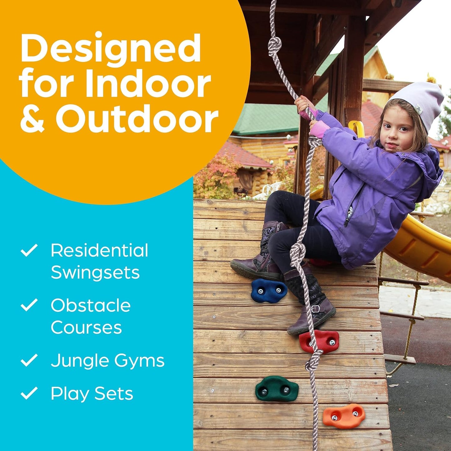 Jungle Gym Kingdom Rock Climbing Holds for Kids - Indoor & Outdoor Rock Wall Climbing Kit with Mounting Hardware, Knotted Rope and 25 Handles - Playground Accessories﻿