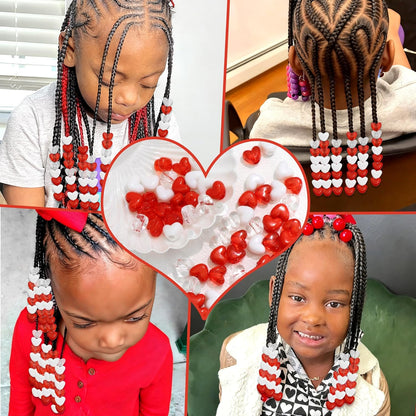 88PCS Pink White Hair Beads for Braids Lovely Heart Shape Loc Dreadlock Valentine's Day Bead Accessories Cute Acrylic Small Pony Beads for Kids Girls