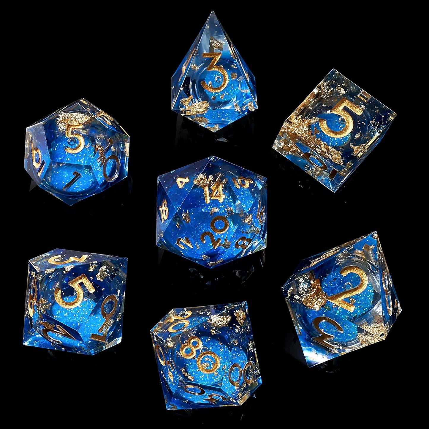 Liquid Core DND Dice Set, 7pcs Sharp Edge Dice for Role Playing Dungeons and Dragons Ttrpg with Gift Box, Handmade Resin D&D Dice RPG Role Playing Games Dice Set(Blue Gold)