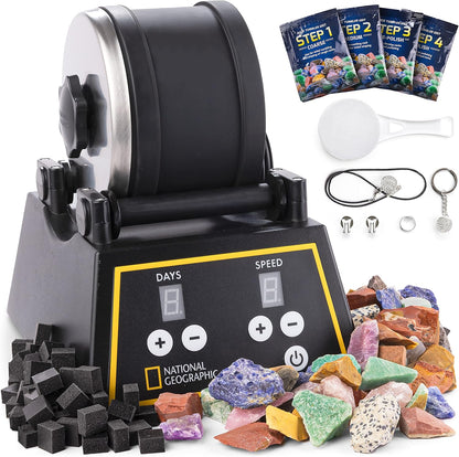 National Geographic Professional Rock Tumbler Kit – Extra Large 2 Lb. Barrel with 3-Speed Motor & 9-Day Timer – Geology DIY Kits for Adults, Rock Collection Hobby, Great Educational STEM Science Kit