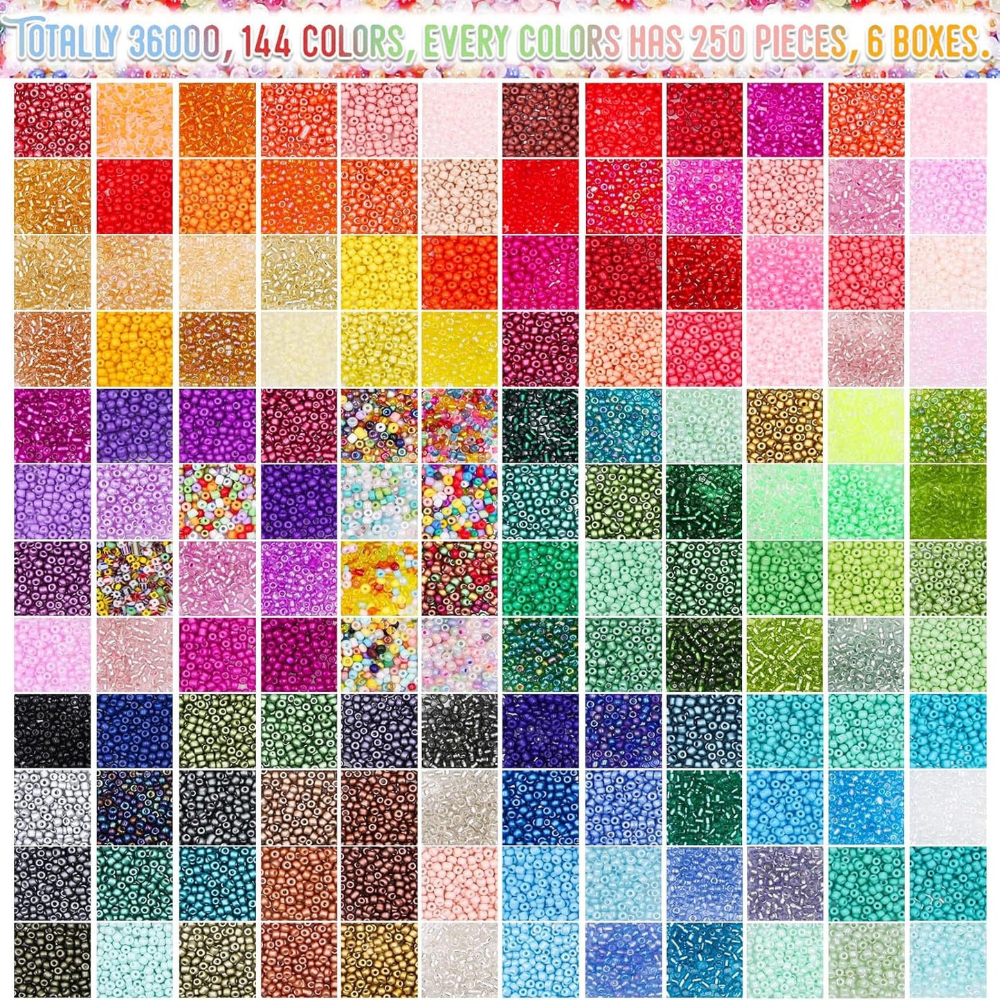 EuTengHao 3mm Glass Seed Beads for Bracelet Making Kit, 8/0 Small Craft Beads for Bracelet Necklaces Crafting Jewelry Making Supplies (36000Pcs,144 Colors)