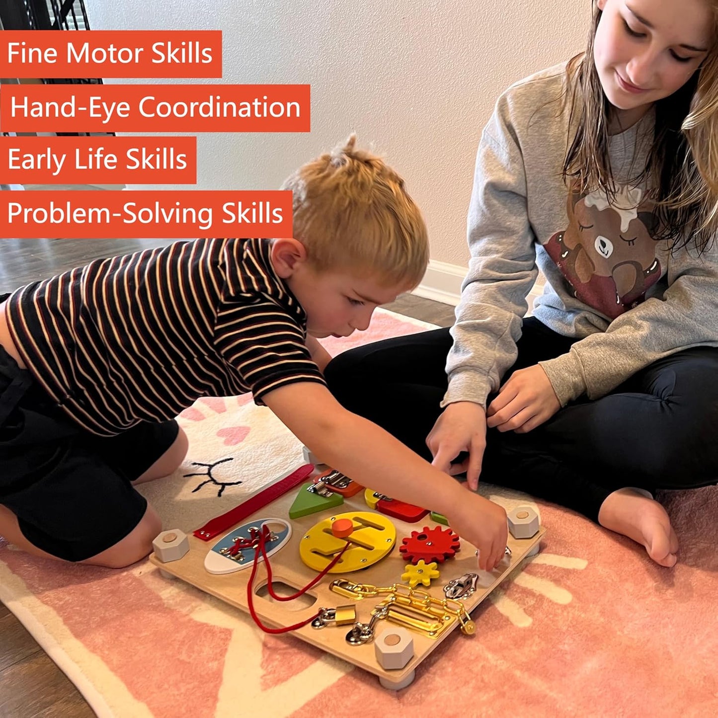 Montessori Large Double-Sided Busy Board for 1 2 3 4 Year Old- Wooden Sensory Toys -Fidget Activity Board for Toddlers Boys and Girls- Motor Skills Gifts for ADHD & Autistic Children Kids