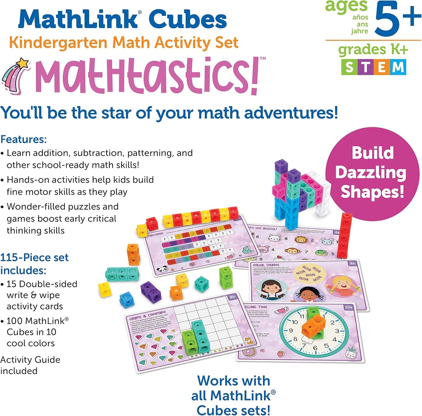 Learning Resources MathLink Cubes Kindergarten Math Activity Set Sea Adventures! - 115 Pieces, Age 5+, STEM Teaching Toys, Kindergartner Games