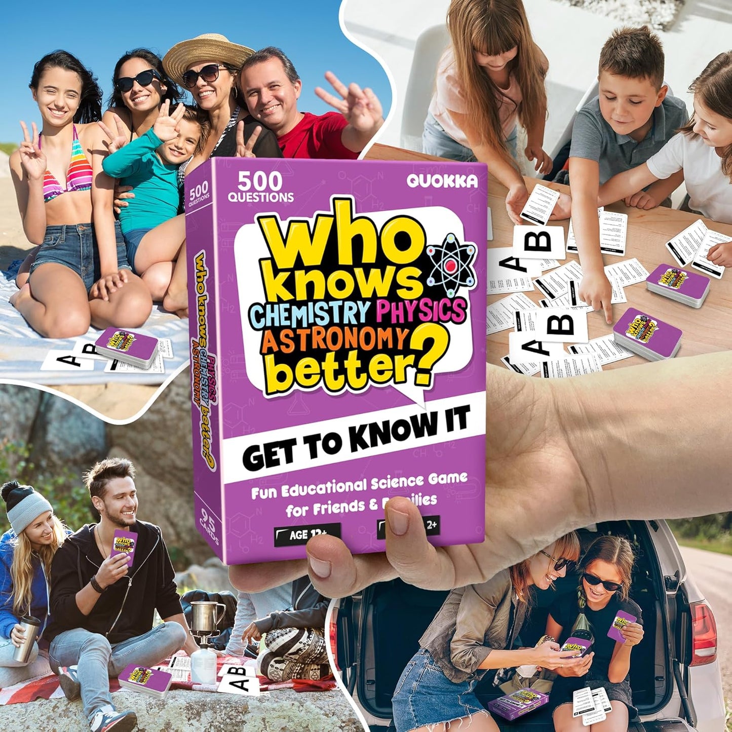 QUOKKA Board Games for Kids 8-12 and Family - Set of 4 Who Knows It Better? - 2000+ Questions Across Biology, Culture, STEM and Math - Educational Trivia Cards for Learning and Game Night