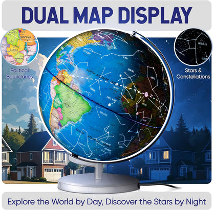 SMART WALLABY 9" Illuminated Educational Kids World Globe + STEM Flags & Countries Interactive Card Game. 3 in 1 Children Desktop Spinning Earth Political & Constellation Maps, LED Night Light Lamp