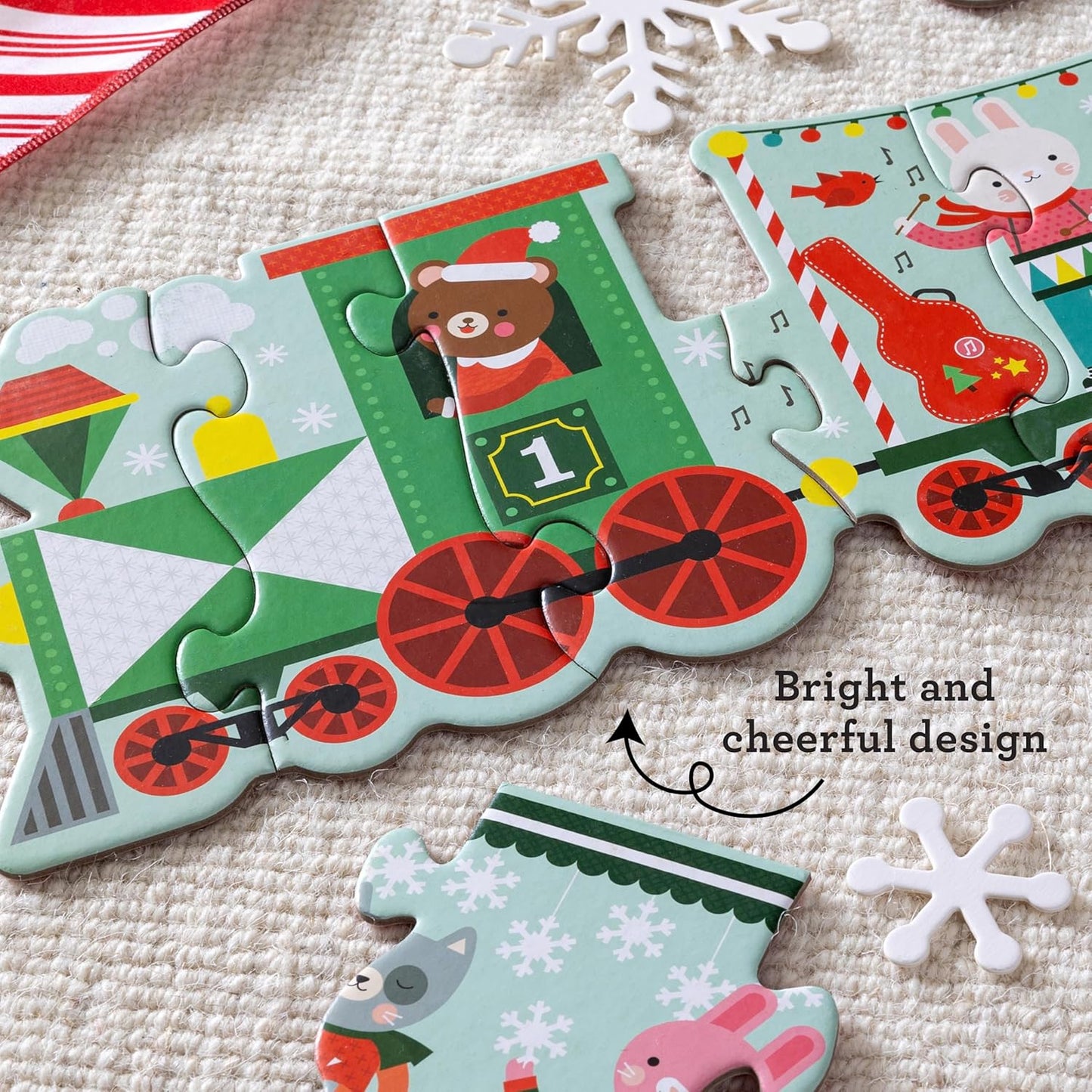 Petit Collage: Christmas Train Shaped Floor Puzzle - Giant 6ft Long 30-Piece Holiday Floor Jigsaw for Toddlers 3+ – Chunky Pieces with Box Handle – Eco-Friendly Seek-and-Find Gift for The Holidays