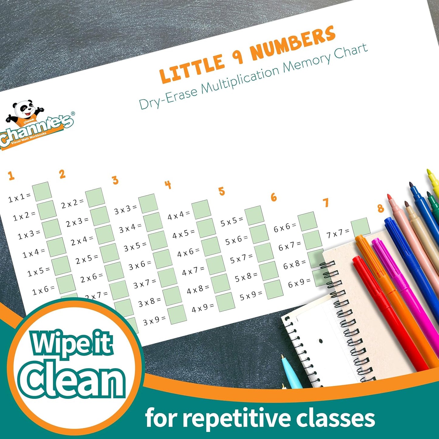 Channie’s Math Practice Combo Pack for Elementary School Students, One Page a Day Workbook and Little 9 Little Numbers Reusable Dry Erase Poster for Practicing Single Digit Multiplication Problems