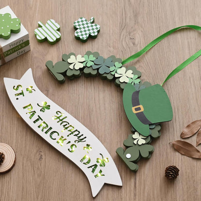 AOMOONOA Lighted St. Patrick’s Day Wreath for Front Door, Battery Operated Shamrock Wreaths with Timer, Wooden Foldable Wreath with Magnetic Word Signs for Irish Holiday Outdoor, Wall Decor