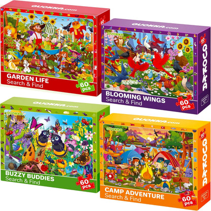 QUOKKA Puzzles for Kids Ages 4-6 - 4 x 60 Puzzles for Toddlers 5-8 - Educational Search & Find Toy for 8-10 yo for Learning Forest Polar, USA National Park Animals & City Life