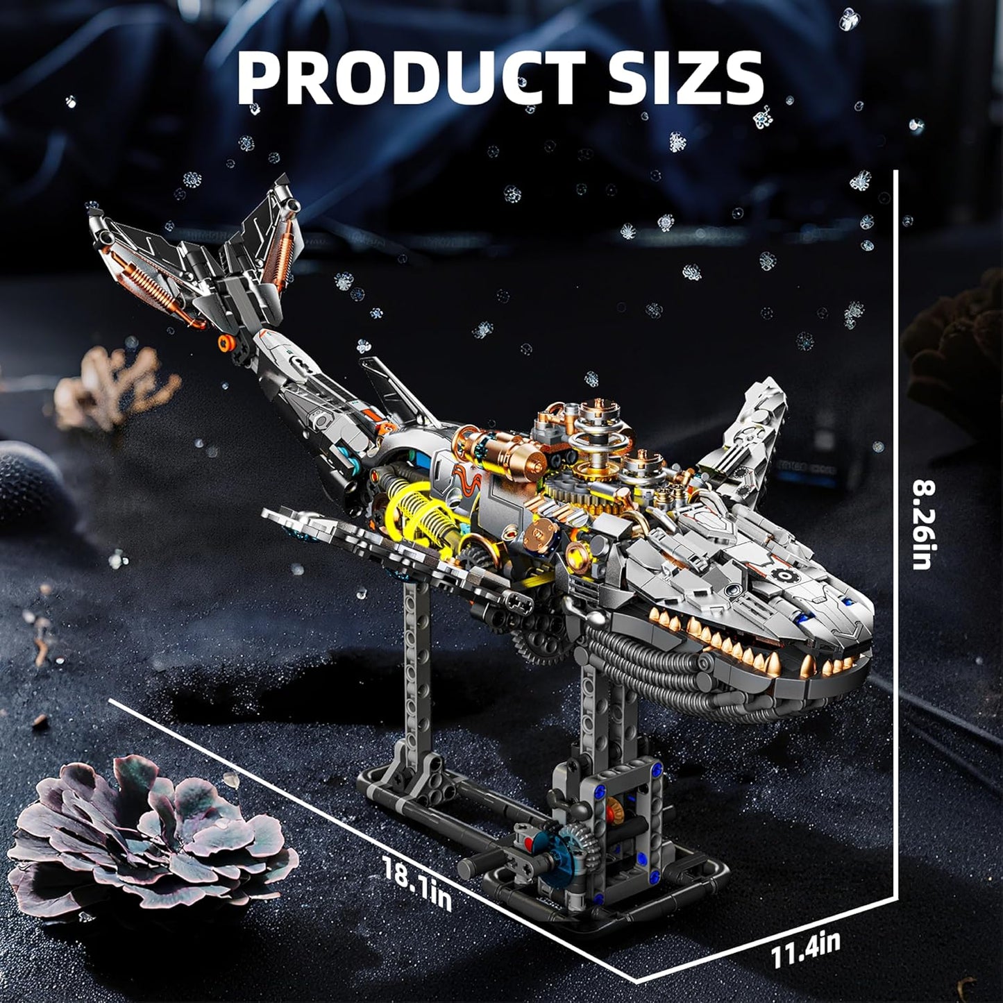 1085-PCS Mechanical Piranhas Fish Building Set with LED Light, Movable Linkage Gears, Display Stand,Mechanical Fish