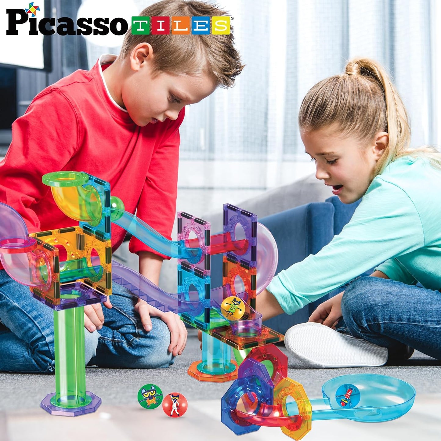 PicassoTiles 70pc Marble Run Magnetic Tiles STEM Set for Kids Ages 3 and Older Magnet Tile Marbles Maze Building Blocks Brain Development Toy Preschool Educational Learning Construction Playset PTG70