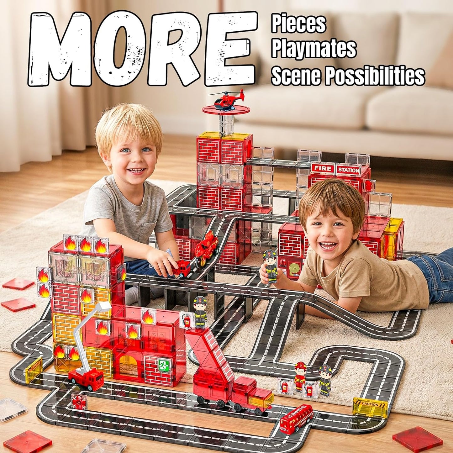 SKTMYY Magnetic Tiles Construction Toys with Road & Crane & Marble Run, Double-Sided Fire Station & Building Magnet Tiles for Kids Ages 4-8, STEM Magnetic Blocks Gifts for 3 4 5 6 7 8 Year Old Boys