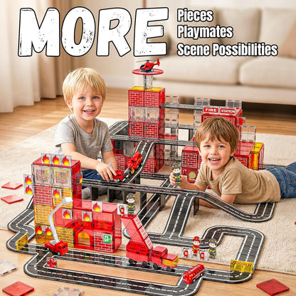 SKTMYY Magnetic Tiles Construction Toys with Road & Crane & Marble Run, Double-Sided Fire Station & Building Magnet Tiles for Kids Ages 4-8, STEM Magnetic Blocks Gifts for 3 4 5 6 7 8 Year Old Boys