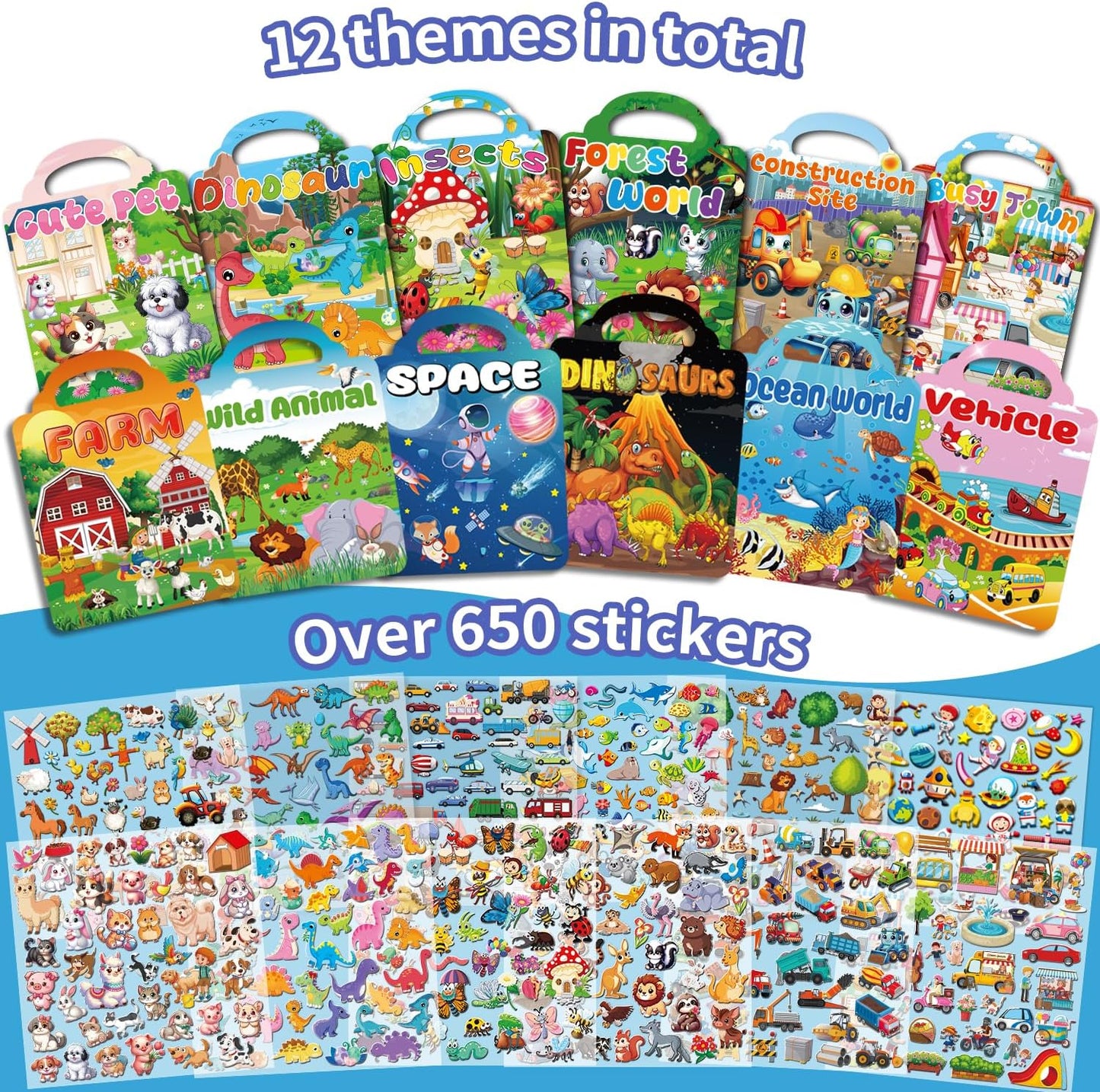 Kalysky 12 Set Reusable Sticker Books for Toddlers 2-4 1-3, Kids 3D Puffy Sticker Activity Books, Birthday Party Favors Goodie Bags Stuffer