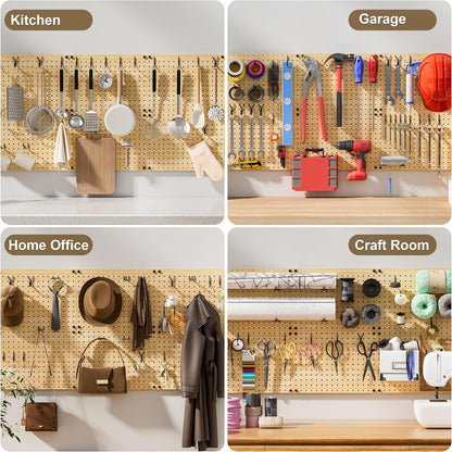 VOIMO Bamboo Pegboard Organizer Set, 6 Panels (16"x12") with 48 Hooks – Eco-Friendly Wall Mounted Storage Rack for Tools, Crafts & Office – Natural Bamboo Pegboard System with Accessories