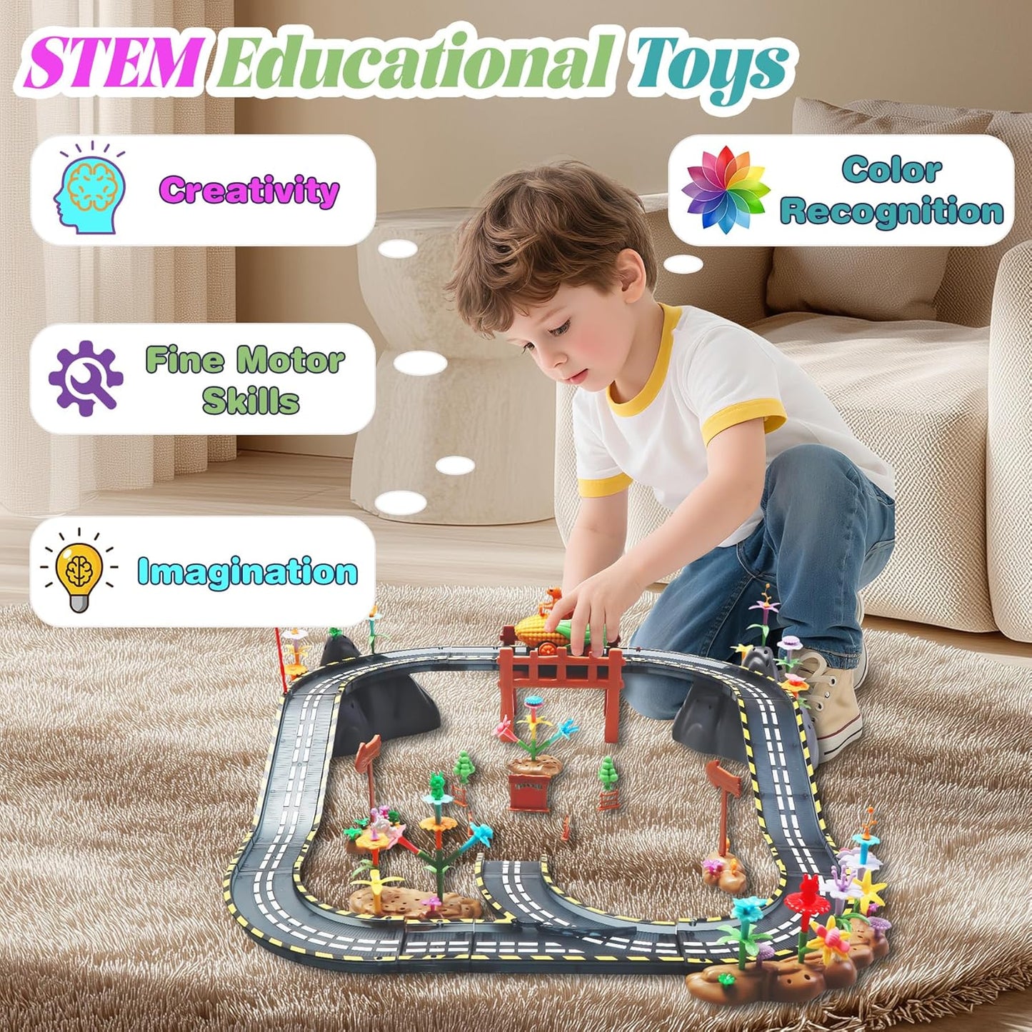 150PCS Magnetic Tiles Road Set with Marble Run, Preschool Magnet Tiles Included Magnetic Cars. STEM Magnetic Tiles for Kids, Preschool Educational Building Toys for Boys & Girls